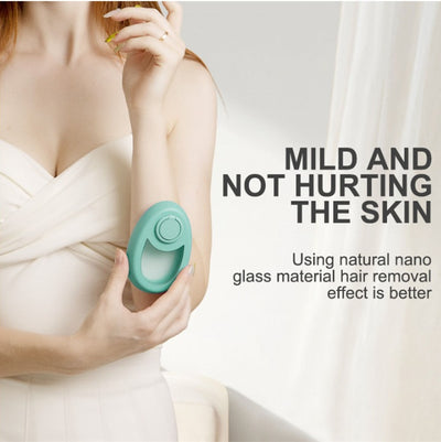Woman demonstrating Upgraded Crystal Hair Removal Tool, showcasing its gentle and effective hair removal features.